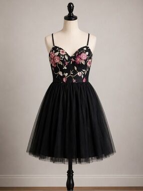 Teeze Me Black Floral EmbroideredTulle Fit & Flare Party Dress Size 5/6